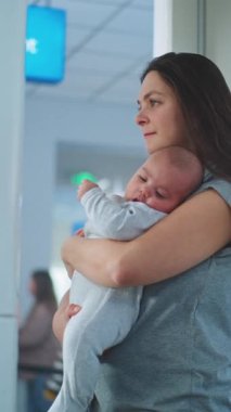Havaalanındaki Ulaşım Güvenlik Hattı: Metal Detektör Kapılarından Yürüyen Çocuklu Aile. Güvenlik Subayı, Yolcu Tarama Prosedürünü denetliyor, Tablet Bilgisayar kullanıyor. Dikey Çekim.