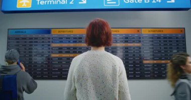 Havaalanı Terminali: Bavullu Kadın Arka Görünümü Dijital Uçuş Bilgileri Görünümü Ayrılışını Kontrol Ediyor. Turist Tatile Gidiyor. Çeşitli İnsanlar ve Güvenlik Personeli Arka planda Yürüyor.