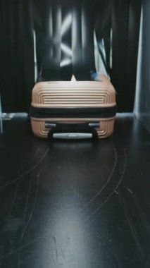 Havaalanındaki Güvenlik Kontrol Noktası: Gelişmiş Metal Detektör X-ray Tarayıcısının içinde Konveyör Şeridi ile hareket eden yolcuların bavulu ve çantası. Uçak Uçuşu için bavul tarama prosedürü. Dikey Çekim.