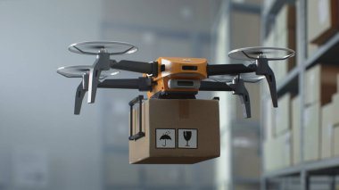 Modern Depo Tesisi insansız insansız insansız insansız insansız hava aracı, Online Siparişlerle Karton Kutular. AI Aerial AGV Taşıma Paketi Lojistik Dağıtım Merkezi 'nde. Üç boyutlu grafikler. Gelecek Teknolojisi.