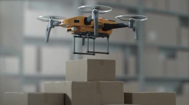 Modern Depo Tesisi insansız insansız insansız insansız insansız hava aracı, Online Siparişlerle Karton Kutular. AI Aerial AGV Taşıma Paketi Lojistik Dağıtım Merkezi 'nde. Üç boyutlu grafikler. Gelecek Teknolojisi.