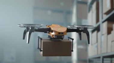 Lojistik Dağıtım Merkezi: İHA İHA Ürünler, Mallar ve Karton Kutuları Taşıma ve Teslim Ediyor. Modern Perakende Deposu 'nda yapay zeka güdümlü araç taşıma paketi. 3D Gelecek Teknolojisi.