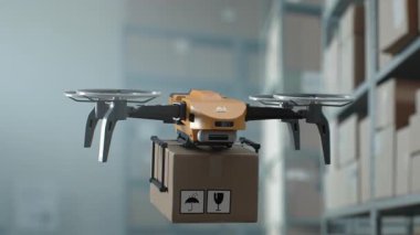 Modern Depo Tesisi insansız insansız insansız insansız insansız hava aracı, Online Siparişlerle Karton Kutular. AI Aerial AGV Taşıma Paketi Lojistik Dağıtım Merkezi 'nde. Üç boyutlu grafikler. Gelecek Teknolojisi.