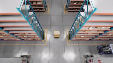 Depo Tesisi: Lojistik Dağıtım Merkezi 'nde İnsansız AGV Robotları Karton Kutuları Teslim Ediyor. Otomatik Güdümlü Araçlar Paketler, Mallar, Emirler. Üç boyutlu grafikler. Gelecek Teknolojisi.