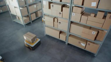 Lojistik Dağıtım Merkezi: Modern Perakende Deposunda Karton Kutular Taşıma Otomatik Güdümlü Araçlar. AGV Robotları Ürünler ve Mallarla Paketleri Taşıyor ve Teslim Ediyor. 3D Gelecek Teknolojisi