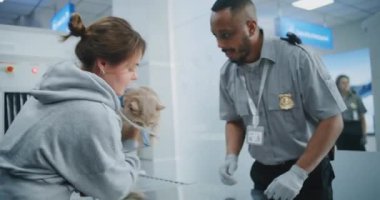 Havaalanı Terminali: Pet ile Güvenlik Kontrol Noktasında Kadın Yolcu. Metal dedektörlü Kedi 'yi denetleyen Afro-Amerikan Güvenlik Subayı. Uçağa binmeden önce TSA Hayvan Kontrol Prosedürleri.