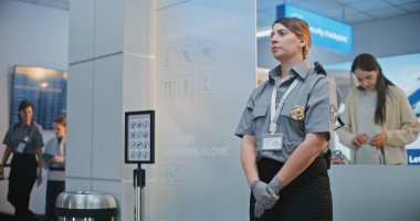 Güvenlik İşçisi, Genç Kız 'la birlikte havalimanı Terminalindeki güvenlik kontrol noktasına yürüyor. Kadın havaalanı görevlisi, uçağa binmek için kızı kontrol ediyor. Genç Gezgin Tatile Çıkıyor.