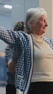 Güvenlik Kontrol Noktası: Havaalanı Terminali 'nde yaşlı kadını kontrol eden kadın havaalanı görevlisi, tekerlekli sandalyeye binen kadın. Yolcu tarama prosedürleri. Engelli kıdemli gezgin. Dikey Çekim.