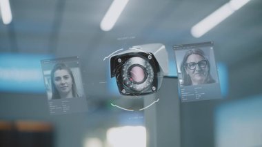 Gelişmiş Havalimanı Güvenlik Sistemi: Yolcuların otomatik kimlik tespiti ile CCTV Kamerasının Kapanışı. Biyometrik Yüz Tanıma Teknolojisi ile Pasaport Kontrolündeki İzleme Sistemi.