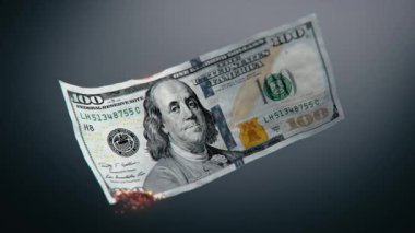 Yanan 100 Dolarlık banknotun 3 boyutlu grafikleri. Ekonomik Krizin Görselleştirilmesi, Enflasyon ve Para Devalüasyonu. Mali ve Piyasa İstikrarsızlığının sembolü. Kağıt Para Kaybı. Görsel Efektler