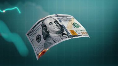 Yüz Dolarlık Fatura ve Haritaların 3 boyutlu Grafikleri. Ekonomik Krizin Görselleştirilmesi, Enflasyon ve Para Devalüasyonu. Finansal ve Piyasa İstikrarsızlığı. Kağıt Para Kaybı. Görsel Efektler.
