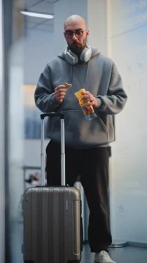 Kalabalık Havalimanı Terminali: İnsan Yiyen Aperatifler, Nakil ya da Uçuş için Havalimanı Biniş Salonu 'nda Bekleme. Gezgin Tatile Çıkıyor. Çeşitli İnsanlar ve Havalimanı Personeli Yürüyüşü. Dikey Çekim.