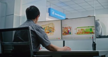 Havaalanı Güvenlik Kontrol Noktası: Kadın TSA İşçi Kontrolü X-ray Metal Detektör Tarama İşlemi Bilgisayar Monitörlerindeki Bagaj İşlemi. Bavulun tarama işlemi sırasında çeşitli yolcular ve turistler.