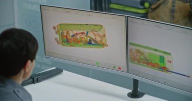 Havaalanı Güvenlik Kontrol Noktası: Bilgisayar monitörlerindeki bagaj taramasında X-ışını metal dedektörünü kontrol eden kadın TSA işçisi. Arka planda, tarama prosedürlerinden sonra bavul alan yolcular.