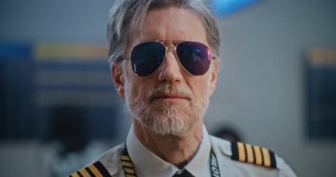 Profesyonel Havayolu Yüzbaşısının portresi Üniformalı Gözlüklerini çıkarıyor, Kameraya bakıyor. Kalabalık Uluslararası Havalimanı Terminalinde Olgun Uçuş Ekibi Üyesi ve Arkaplanda İnsanlar. Kapat..