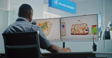 Havaalanı Güvenlik Kontrol Noktası: Afrikalı Amerikalı Ulaşım Güvenliği İşçisi Bilgisayar monitörlerindeki bagaj taramasını X-ray Metal Detektörü ile kontrol ediyor. Tarama işlemi sırasında el bagajı olan çeşitli yolcular.