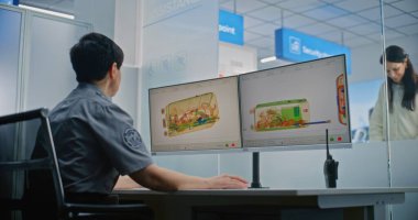 Havaalanı Güvenlik Kontrol Noktası: Kadın TSA İşçi Kontrolü X-ray Metal Detektör Tarama İşlemi Bilgisayar Monitörlerindeki Bagaj İşlemi. Bavulun tarama işlemi sırasında çeşitli yolcular ve turistler.
