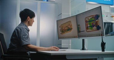 Havaalanı Güvenlik Kontrol Noktası: Bilgisayar Ekranları Yazılım Kullanılarak Bavul X-ray taramasını izleyen kadın güvenlik subayı. Arka planda, Tarama İşlemi sırasında Çeşitli Bavullu İnsanlar.