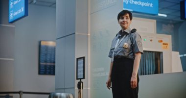 Havaalanı Terminalinde Uçuş Ekibi: Olgun Havayolu Pilotu ve İki Güzel Uçuş Görevlisi Ticari Uçuş Sonrası Bavulla Yürüyüş, Bayan Güvenlik Subayının yanından geçiyor. Yavaş Hareket.