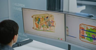 Havaalanı Güvenlik Kontrol Noktası: Bilgisayar monitörlerindeki bagaj taramasında X-ışını metal dedektörünü kontrol eden kadın TSA işçisi. Arka planda, tarama prosedürlerinden sonra bavul alan yolcular.