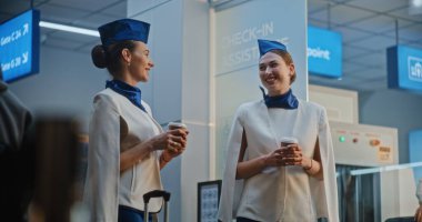 Üniformalı iki güzel hostes kalkış için bekliyor. Kabin Ekibi 'ne gelen, Smartphone kullanarak selfie çeken yolcu. Kalabalık Uluslararası Havaalanı Terminali. Yavaş Hareket.