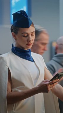Üniformalı Uçuş Görevlisi Akıllı Telefon Kullanıyor, Ticari Uçuş için Bekliyor. Kalabalık Uluslararası Havalimanı Terminalindeki Kabin Ekibi Arka plandaki Yolcuları Kapattı. Orta boy shot. Dikey Çekim.