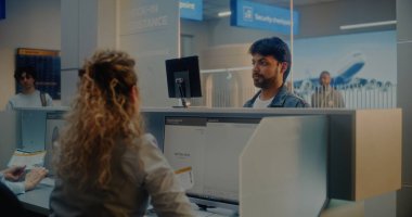 Havaalanı kontrol gişesi: Hintli adam yüz tanıma taramasıyla kimlik bilgilerini doğruluyor. Yolcuya pasaport ve biniş kartı veren kadın havayolu işçisi. Uluslararası Havaalanı Terminali.