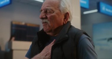 Kalabalık Uluslararası Havaalanı Terminali: Yaşlı Adam Göğsünü Tutuyor, Kalp krizi geçiriyor ya da Hava Yolları İnbotu Salonunda Enfarktüs geçiriyor. Çeşitli İnsanlar ve Havalimanı Personeli Kıdemli Yolcuya Yardım Ediyor.