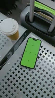 Havaalanı Terminalindeki Havayolu Hub Lounge: Yeşil Kroma Anahtarlı Akıllı Telefon Mockup Kahve ve Bavul 'un yanındaki koltukta uzanıyor. Sosyal Medya İçeriği için Yer Tutucu ile Görüntü Şablonu. Dikey Çekim.