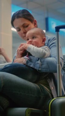 Kalabalık Uluslararası Havaalanı Terminali: İki Küçük Çocuklu Yetişkin Kadın Oturuyor ve Seyahat İçin Uçak Bekliyor. Ayrılış Salonu 'nda çeşitli turistler ve yolcular. Dikey Çekim.