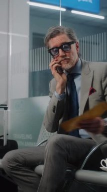 Havaalanı Terminali: Ciddi Girişimci, Gecikmeli Uçuş Konuşmasının Telefonda Konuşması, Uçak Biletini Tutması Hakkında Sinirlendi. Başarılı İşadamı Ayrılış Salonu 'nda oturuyor, iş gezisine çıkıyor. Dikey Çekim