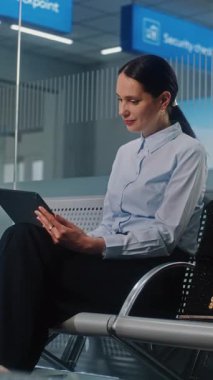 Havaalanı Terminali: Dijital Tablet Kullanmakta, E-İş Yapmakta, Uzaktan Çalışmakta, Kameraya Bakmakta Başarılı İş Kadını. Girişimci Seyahate Çıkıyor, Kalkış Salonunda Uçuş Bekliyor. Dikey Çekim.