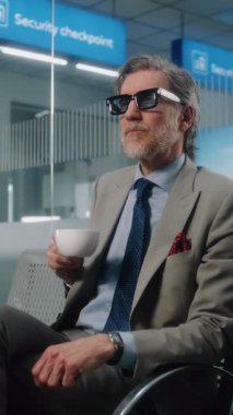 Havaalanı Terminali: Başarılı Adam Bavul Salonunda Bavulla Oturuyor, Kol saatine bakıyor, Kahve içiyor. İş adamı uçuşu bekliyor, iş gezisine çıkıyor. Dolly Shot. Dikey Çekim.