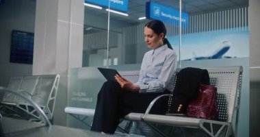Havaalanı Terminali: Dijital Tablet Kullanmakta, E-İş Yapmakta, Uzaktan Çalışmakta, Kameraya Bakmakta Başarılı İş Kadını. Girişimci Seyahate Çıkıyor, Kalkış Salonunda Uçuş Bekliyor. Doli Vuruşu.