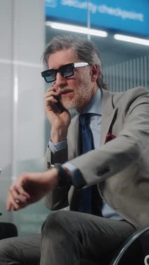 Havaalanı Terminali: Başarılı Adam İptal Edilen ya da Gecikmeli Uçuş Hakkında Sinirleniyor, Telefonda Konuşuyor. Ciddi İşadamı Ayrılış Salonu 'nda oturuyor, iş gezisine çıkıyor. Ağır çekim. Dikey Çekim.