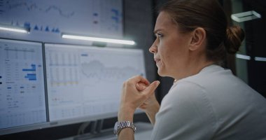 Kadın Borsa Komisyoncusunun Telefon görüşmesi, Finansal Kayıplar, Çoklu İzleme Bilgisayarı ve Dijital Tablet 'te Borsa Çizelgeleri İzleme. Yatırım Temsilcisi Kötü Ekonomi Haberleri Hakkında Stres Yaptı