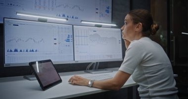 Telefonda Konuşan Kadın Mali Analist, Finansal Kriz, Çoklu İzleme Bilgisayarı ve Dijital Tablet 'te Değişim Piyasası Tablolarının Analizi. İşkadını Borsa Çöküşü Hakkında Öfkeli.