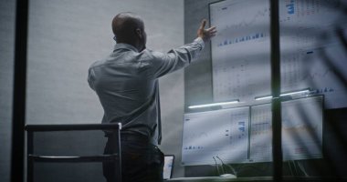 Borsa komisyoncusu telefonda bağırıyor, finansal zarara uğruyor, gerçek zamanlı hisse senetlerini izliyor, geceleri borsa çizelgelerini değiştiriyor. Afrika-Amerika Yatırım Ajanı Kötü Ekonomi Haberleri Hakkında Öfkeli.