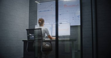 Multi-Monitor Workstation, Real-Time Stocks ve Exchange Market Charts ile bilgisayar üzerinde çalışan kadın finans analisti. Modern Finans Ajansı 'nın Akşamları Başarılı İş Kadınları