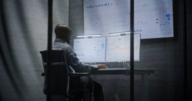 Multi-Monitor Workstation ile bilgisayar üzerinde çalışan finansal analist, Gerçek zamanlı borsa grafiklerini analiz eden, telefonda konuşan. Afrikalı Amerikalı İşadamı Geceleri Ofiste Çalışıyor.