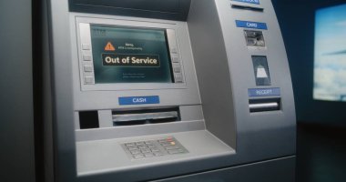 Sistem Arızası nedeniyle ATM Makine Ekranı Hata Mesajı Görüntüleme. Servis dışı Para Makinesi, Banka Aktarımları geçici olarak kullanılamaz durumda. Bozuk banka ekipmanları, sunucu çalışmıyor. Kapat..