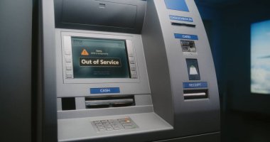 Sistem Arızası nedeniyle ATM Makinesi Görünüm Hatası İletisi Servis dışı Para Makinesi, Banka Aktarımları geçici olarak kullanılamaz durumda. Bozuk banka ekipmanları, sunucu çalışmıyor. Kapat..