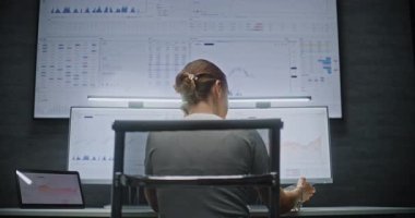 Çoklu Monitör Çalışma İstasyonu, Gerçek zamanlı borsa ve borsa grafiklerinin izlenmesi ve telefonda konuşulması ile bilgisayar üzerinde çalışan kadın finans analisti. Gece Finans Ajansı Ofisi 'ndeki iş kadını