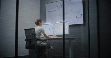 Multi-Monitor Workstation, Real-Time Stocks ve Exchange Market Charts ile bilgisayar üzerinde çalışan kadın finans analisti. Modern Finans Ajansı 'nın Akşamları Başarılı İş Kadınları