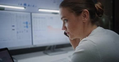 Kadın Borsası İşletmecisi Telefon görüşmesi yapıyor, Gerçek zamanlı hisse senetleri ve borsa grafiklerini Çoklu İzleme ve Dijital Tablet 'te izliyor. Yatırım Temsilcisi Kötü Ekonomi Haberleri Hakkında Stres Yaptı.