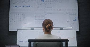 Gerçek zamanlı hisse senedi denetleme, borsa, kripto para birimi grafikleri bilgisayarda çoklu-monitör masaüstü kurulumu. Geceleri ofiste çalışan Profesyonel Yatırım Ajanı.