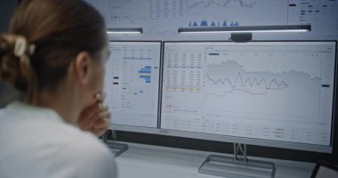 Çevrimiçi Ticaret Yazılımı ile Çoklu Monitör Çalışma İstasyonu ile bilgisayar. Gerçek zamanlı hisse senedi ve borsa grafiklerini izleyen kadın finans analisti. Yatırım Bankası Ofisi 'nde çalışan iş kadını.