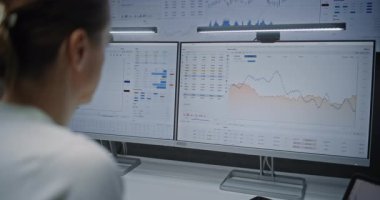 Gerçek zamanlı Borsa Analiz Eden Kadın Borsacısı, Çevrimiçi Ticaret Yazılımlı Çoklu İzleme Sistemi ile Bilgisayarda Borsa Çizelgeleri. Finans Ajansı 'nda çalışan Yatırım Ajanı.