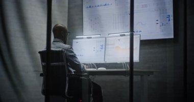 Multi-Monitor Workstation ile bilgisayar üzerinde çalışan finansal analist, Gerçek zamanlı borsa grafiklerini analiz eden, telefonda konuşan. Afrikalı Amerikalı İşadamı Geceleri Ofiste Çalışıyor.