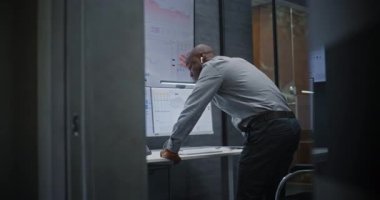 Mali Kriz Analisti, Çağrı Çağrısında Bağrışmalar, Geceleri Ofisteki Borsa Tablolarının Analizi. Afro-Amerikalı İşadamı Ani Borsa Çöküşü Hakkında Öfkeli.